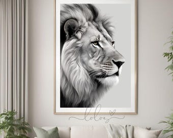 May include: A black and white illustration of a lion's head and mane, looking to the right. The lion has a serious expression and its eyes are open. The background is a light gray.