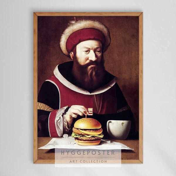 Funny oil painting, medival peasen eating Burger, Oil painting fast food, medival king eating fast food, digital download for printing