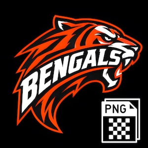 Könnte beinhalten: Eine grafische Illustration eines Tigerkopfes im Profil, in den Farben Orange, Schwarz und Weiß. Das Wort BENGALS ist in fetten, weißen Großbuchstaben über den Tiger geschrieben. Ein kleines weißes Symbol für eine PNG-Datei befindet sich unten rechts.