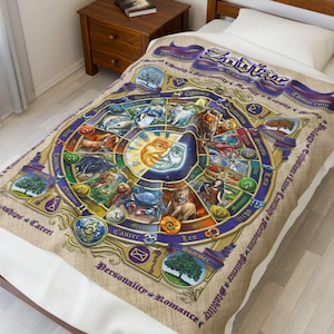 May include: A beige blanket with a detailed zodiac wheel design. The wheel is surrounded by illustrations of zodiac signs, with the sun and moon at the center. Text includes "Zodiac", "Tomorrow", and "Personality".