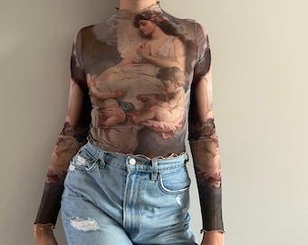 Angels Art Printed Mesh Stretch Crop Top Mock Neck Turtleneck Wearable Art