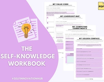 May include: A workbook titled "The Self-Knowledge Workbook" with a lightbulb graphic. The pages include sections for self-assessment, such as "My Value Code" and "My Golden Compass." The background is a soft purple.