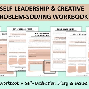 Może przedstawiać: 30-stronicowy zeszyt ćwiczeń w różowo-białym kolorze. Zeszyt ćwiczeń nosi tytuł "Self-Leadership & Creative Problem-Solving Workbook". Zeszyt ćwiczeń zawiera sekcje zatytułowane "My Value Code", "My Golden Compass", "My Leadership Map", "My Competing Commitments", "Raise Awareness", "Reflect & Solve" i "Appraise".