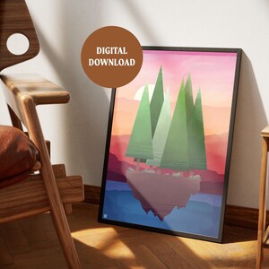 FLOATING FOREST, forest, mural, island, illustration, downloadable print, digital illustration, poster, wall art, sunset