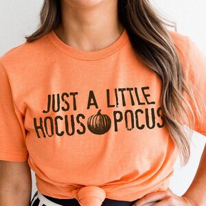 May include: Orange t-shirt with the phrase "JUST A LITTLE HOCUS POCUS" in dark brown lettering and a pumpkin graphic. The shirt is knotted at the waist. The overall theme is Halloween.