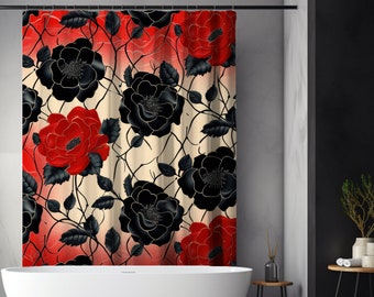 Roter und schwarzer Rosen-Duschvorhang, 188 cm, dunkler Duschvorhang, Retro-Badezimmer-Dekor, Badezimmer-Sets, Vintage-Rosen-Duschvorhang