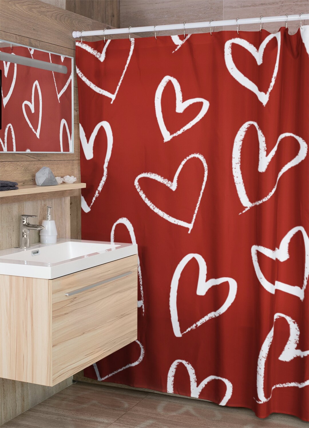 Red Shower Curtain Valentine Heart Shower Curtain Linen Etsy