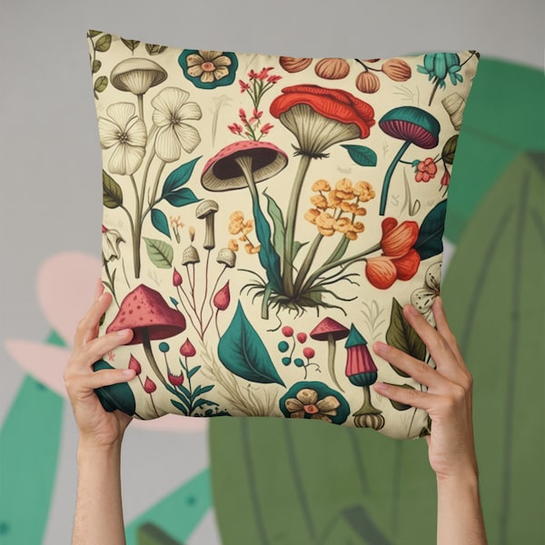 Vintage Botanical Mushroom Pillow | Mushroom Throw Pillow | Mushroom Decor | Accent Pillows | Vintage Mushroom Decor | Mushroom Nursery