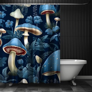 Blue Mushroom Shower Curtain, Mushroom Decor, Shower Curtain, Mushroom Bath Decor, Boho Shower Curtain, Cottagecore Bath Decor Blue Shower