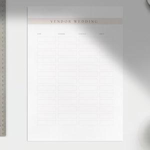 Peut inclure: Une liste de contrôle imprimable pour les fournisseurs de mariage avec des colonnes pour l'article, le fournisseur, le contact et le prix. La liste de contrôle est sur un fond blanc avec un en-tête brun clair qui dit "VENDOR WEDDING".