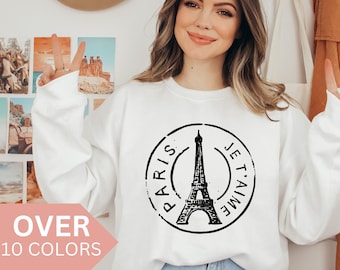 Sudadera de París, camisa Paris Je T'aime, cuello redondo de sello de París Francia, regalo para el amante de París, recuerdo de la Torre Eiffel de París, camisa de París para ella