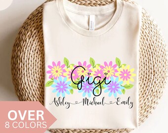 Camisa Gigi personalizada com nomes de netos, camiseta Gigi personalizada para a vovó para presente de dia das mães, camiseta floral Gigi para aniversário da vovó