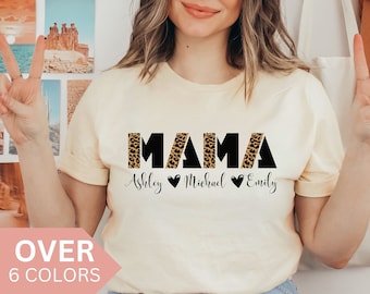 Personalized Mama Shirt With Kids Names, Custom Mom T-shirt for Mother's Day Gift, Cheetah Mama Tshirt, Leopard Mom T shirt, Cute Mama Tee
