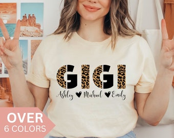 Personlig Gigi-tröja med barnbarnsnamn, Anpassad Gigi-t-shirt till mormor som present till mors dag, Cheetah Gigi-t-shirt till mormors födelsedag