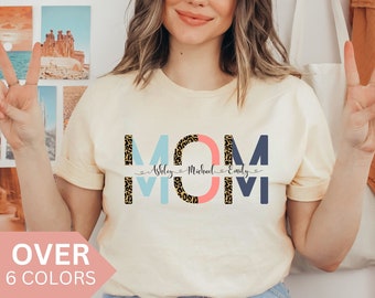 Personalized Mom Shirt With Kids Names, Custom Mama T-shirt for Mother's Day Gift, Cheetah Mom Tshirt, Leopard Mom T shirt, Cute Mama Tee