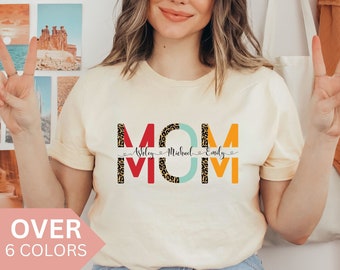 Personalized Mom Shirt With Kids Names, Custom Mama T-shirt for Mother's Day Gift, Cheetah Mom Tshirt, Leopard Mom T shirt, Cute Mama Tee