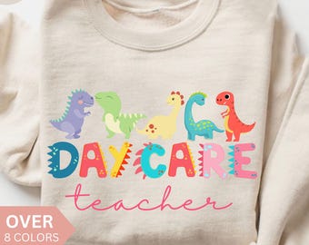 Sudadera de maestra de guardería, camiseta de animal para maestra de guardería, regalo para maestra de guardería, lindo dinosaurio de cuello redondo para maestra de guardería, suéter de asistente de guardería