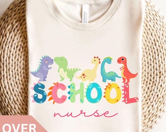 Camiseta de enfermeira escolar, camiseta de enfermeira escolar, camiseta de enfermeira escolar com dinossauro, presente de agradecimento à enfermeira, presente para enfermeira escolar, camiseta de enfermeira escolar