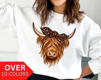 Highland Cow Shirt, Leopard Bow Cow Sweatshirt, Western Shirt, Country Shirt, Cow Crewneck, Farm Life Country Girl, Cow Girl Shirt