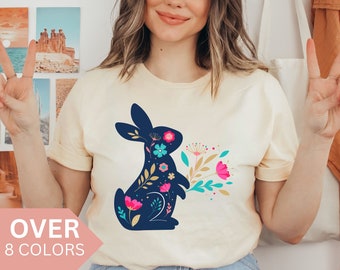 Aquarell-Häschen-Shirt, Blumen-Osterhasen-T-Shirt, Aquarell-Kaninchen-T-Shirt, Boho-Kaninchen-Liebhaber-T-Shirt, Frühlings-blaues Häschen-T-Stück für Mama-Geschenk