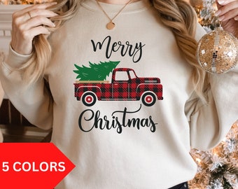 Christmas Sweatshirt, Christmas Shirt, Plaid Red Truck Holiday Sweater, Christmas Gift, Christmas Crewneck, Merry Christmas Pullover