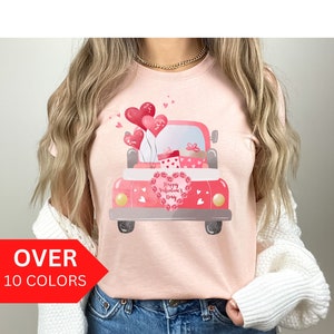 Happy Valentines Day Truck Shirt, Valentine&#39;s Day T-shirt for Her, Watercolor Heart Valentines Day Pink Truck Shirt, Valentines Days Gift