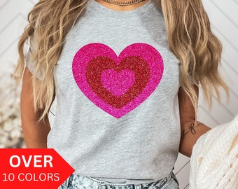 Valentine's Day Glitter Heart Shirt, Love Valentines Day T-shirt, Glitter Heart Shirt, Valentine's Day Gift for Mom, Cute V Day Heart Shirt