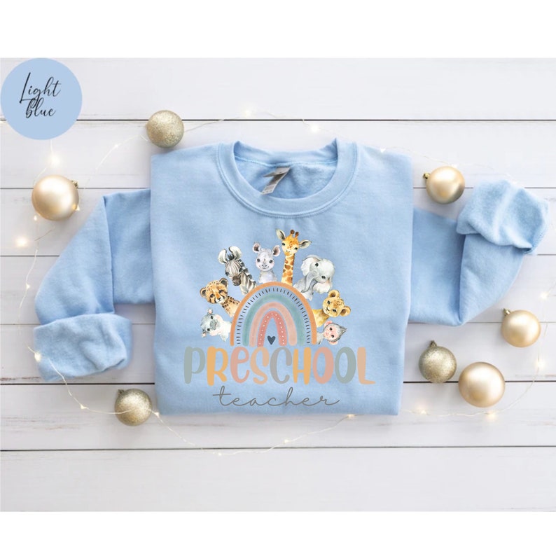 Sweatshirt voor kleuterjuf, shirt kleuterschool leraar regenboog, cadeau voor leraar kleuterschool, dierlijke trui kleuterjuf, shirt peuter afbeelding 9