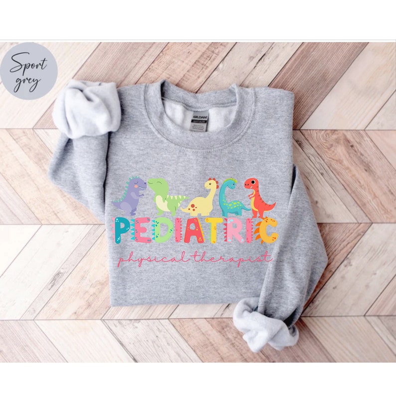 May include: A gray sweatshirt with a design of colorful dinosaurs and the text 'PEDIATRIC physical therapist'.