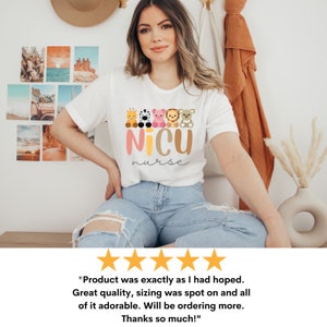 May include: White t-shirt with a graphic of a row of cute animal characters and the text "NICU nurse".