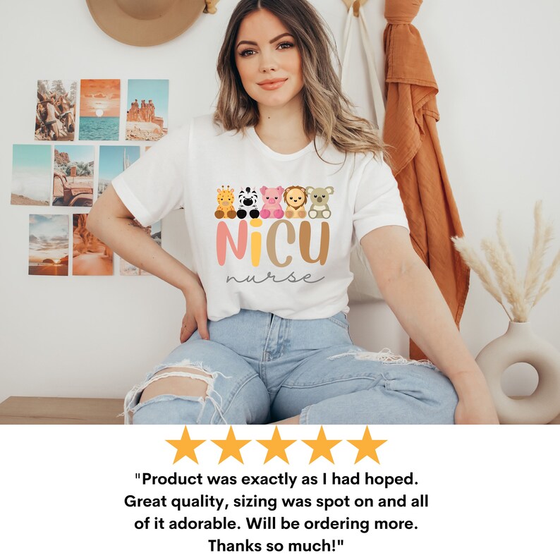 May include: White t-shirt with a graphic of a row of cute animal characters and the text "NICU nurse".