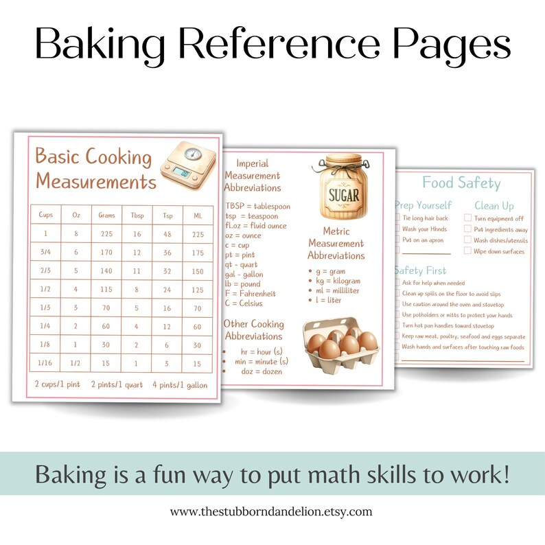 May include: Printable baking reference pages with cooking measurements, abbreviations, and food safety tips. Includes imperial and metric conversions, with a scale, sugar jar, and eggs illustration. Text: Baking is a fun way to put math skills to work!