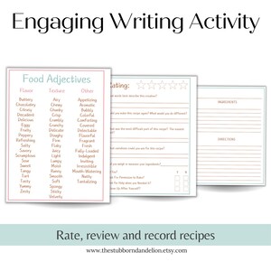May include: A set of recipe writing activity sheets. The sheets include lists of food adjectives, a rating section, and space for ingredients and directions. The text "Engaging Writing Activity" is at the top. The bottom text reads "Rate, review and record recipes".
