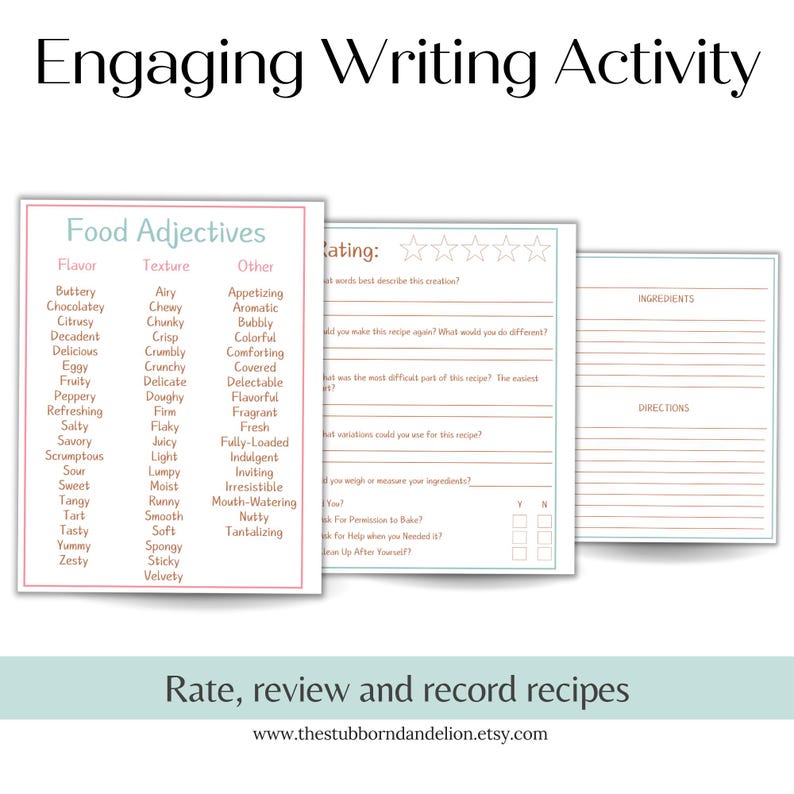 May include: A set of recipe writing activity sheets. The sheets include lists of food adjectives, a rating section, and space for ingredients and directions. The text "Engaging Writing Activity" is at the top. The bottom text reads "Rate, review and record recipes".