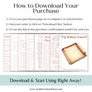 May include: A digital download titled "My Baking Journal" with a watercolor illustration of a rolling pin and parchment paper. The image includes a guide on how to download the purchase and a list of baking measurements.