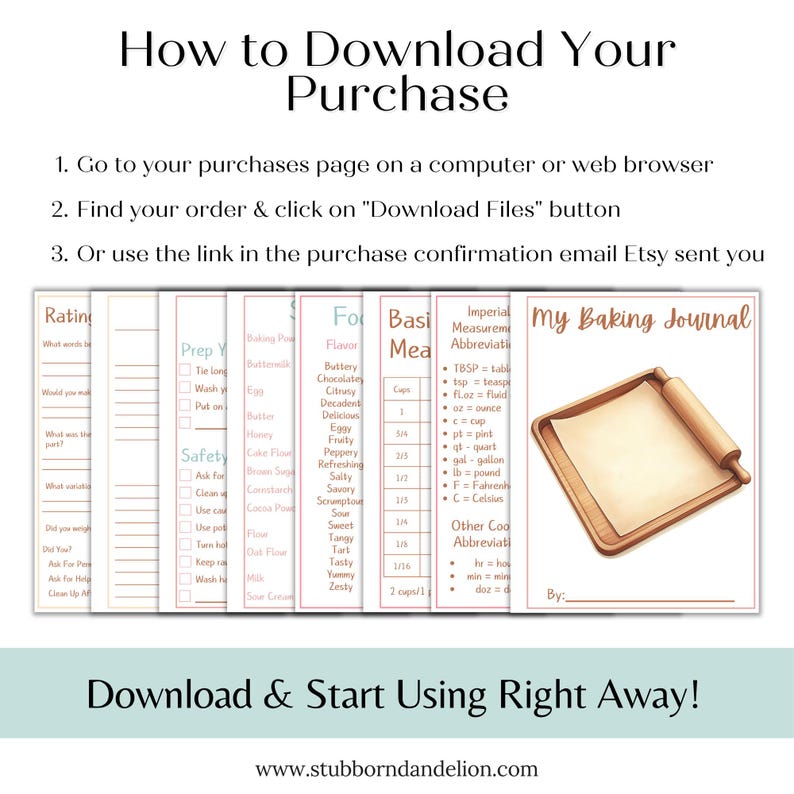May include: A digital download titled "My Baking Journal" with a watercolor illustration of a rolling pin and parchment paper. The image includes a guide on how to download the purchase and a list of baking measurements.