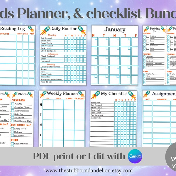 adhd homework checklist EDITABLE Kids Printable Planner and Checklist Bundle | Daily Routine | ADHD | Elementary School | Rocket
