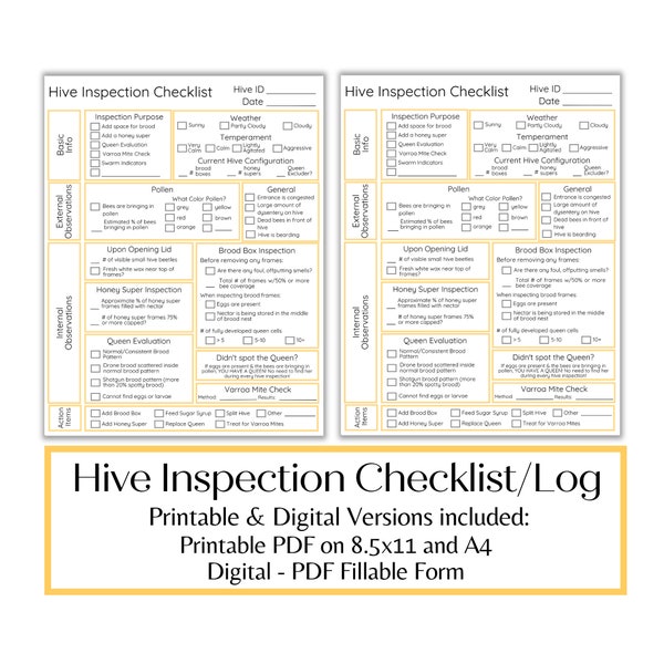 Liste de contrôle d'inspection des ruches des apiculteurs | Formulaires à remplir| Versions numériques et imprimables|