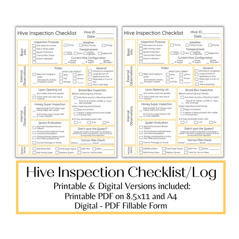 Beekeeper Hive Inspection Checklist | Fillable Forms| Digital and ...