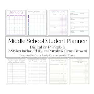May include: A digital middle school student planner set featuring a January calendar, weekly planner, lunch menu, project tracker, extracurricular schedule, assignment tracker, responsibility rewards chart, and a weekend checklist.