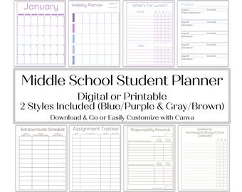 May include: A digital middle school student planner set featuring a January calendar, weekly planner, lunch menu, project tracker, extracurricular schedule, assignment tracker, responsibility rewards chart, and a weekend checklist.