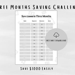 Könnte beinhalten: Ein druckbarer schwarz-weißer Spar-Challenge-Tracker, der Ihnen hilft, in drei Monaten 1.000 € zu sparen. Der Tracker enthält eine Tabelle mit Spalten für Woche, Einzahlung, Guthaben und erledigt. Es gibt Kontrollkästchen, um jede Woche abzuhaken, während Sie sparen.