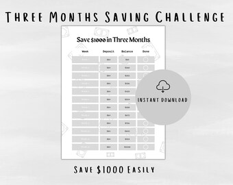Oszczędzaj 1000 USD w 12 tygodni dzięki trzymiesięcznemu wyzwaniu oszczędzania do wydrukowania | Śledzenie oszczędności do wydrukowania | Szablony śledzenia oszczędności | Oszczędzanie pieniędzy