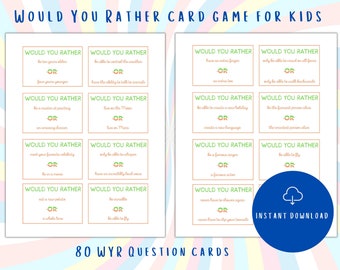 Wydrukowana gra karciana dla dzieci „Czy wolałbyś” | 80 kart z pytaniami do wydrukowania na przyjęcia dla dzieci | Gry imprezowe dla dzieci do rozpoczęcia rozmowy