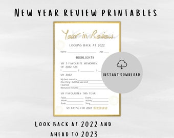 New Year Printable Year in Review | 2023 Bucket List, New Year Resolutions Digital Printables | Reflection Cards Time Capsule Sheet for 2022