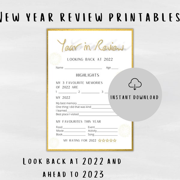 New Year Printable Year in Review | 2023 Bucket List, New Year Resolutions Digital Printables | Reflection Cards Time Capsule Sheet for 2022
