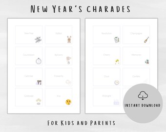 New Year’s Charades or Draw It Cards for Kids and Parents | Printables 40 Cards | Family Game Night | New Year Eve Game | Instant Download