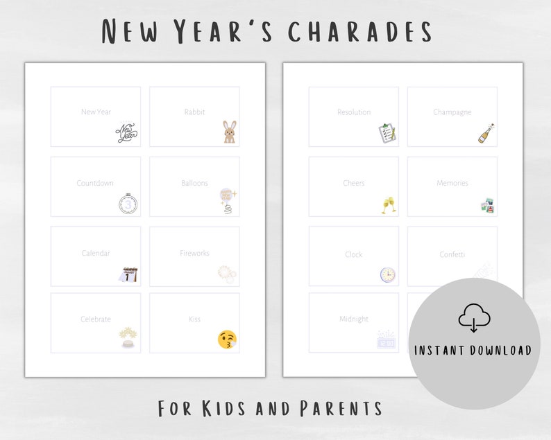 New Years Charades or Draw It Cards for Kids and Parents Printables 40 ...