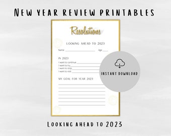 New Year Printable Resolutions | 2023 Bucket List, New Year Resolutions Digital Printables | Reflection Cards Time Capsule Sheet for 2023