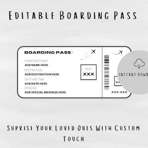 Plantilla personalizada de boleto de tarjeta de embarque / Regalo sorpresa de boleto de vacaciones de aerolínea Diseño simple / Tarjeta de manifestación impresa en casa / Personalizado